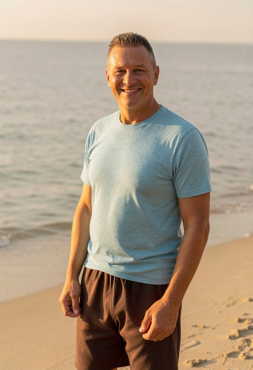 Hombre sonriente en la playa, sintiéndose bien con su salud